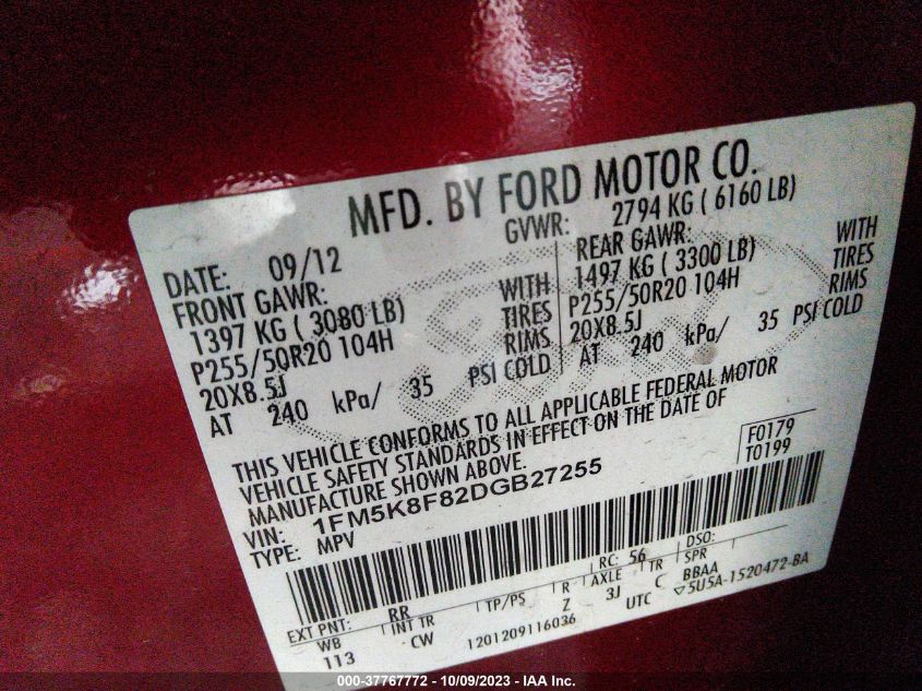 2013 FORD EXPLORER LIMITED - 1FM5K8F82DGD27255