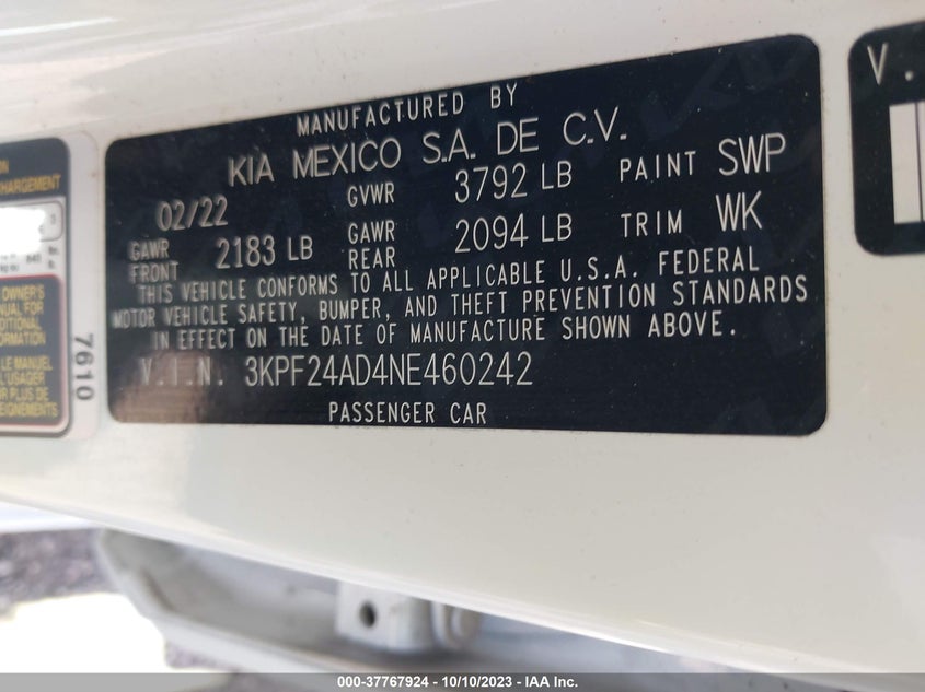 VIN 3KPF24AD4NE460242 2022 KIA FORTE FE/LXS