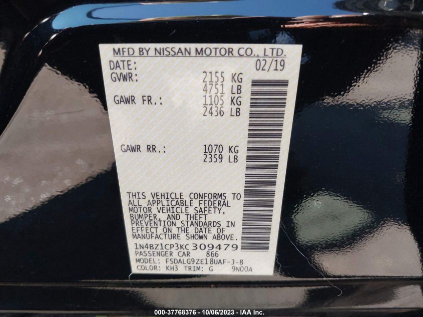VIN 1N4BZ1CP3KC309479 2019 NISSAN LEAF SL PLUS