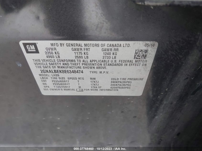 2014 CHEVROLET EQUINOX LT - 2GNALBEK8E6348474