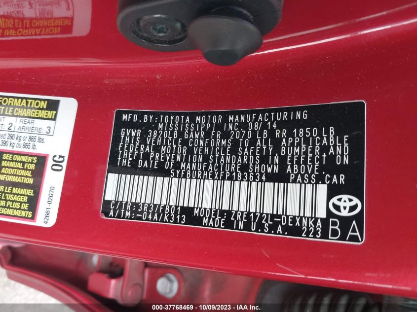 2015 TOYOTA COROLLA L/LE/S/S PLUS/LE PLUS - 5YFBURHEXFP183634