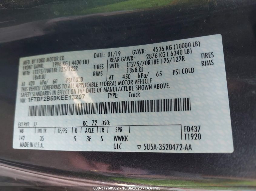 2019 FORD SUPER DUTY F-250 SRW XL/XLT - 1FTBF2B60KEE13207