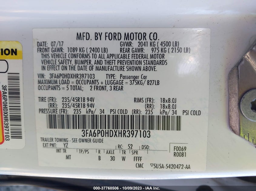 VIN 3FA6P0HDXHR397103 2017 FORD FUSION SE