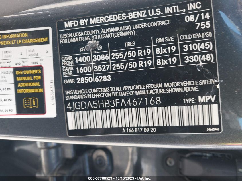 2015 MERCEDES-BENZ M-CLASS ML 350 4JGDA5HB3FA467168