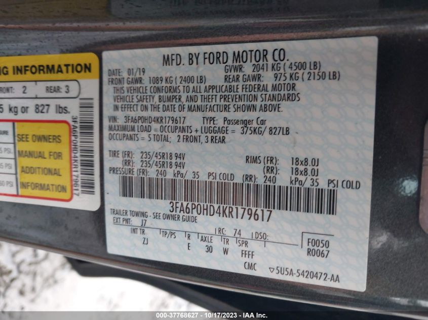 3FA6P0HD4KR179617 Ford Fusion SE 9