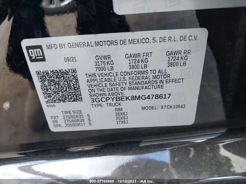 VIN 3GCPYBEK8MG478617 2021 CHEVROLET SILVERADO 1500 no.9