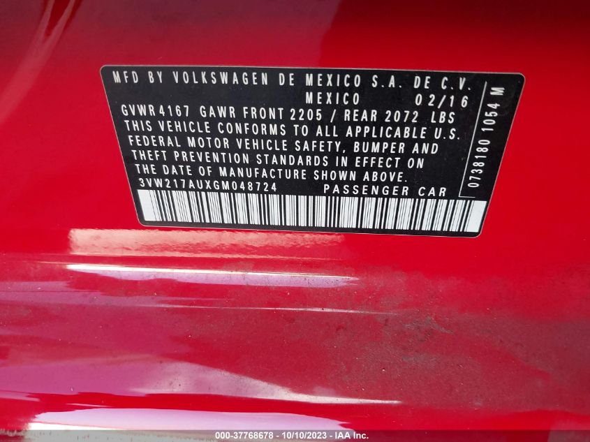 2016 VOLKSWAGEN GOLF S/SE/SEL - 3VW217AUXGM048724