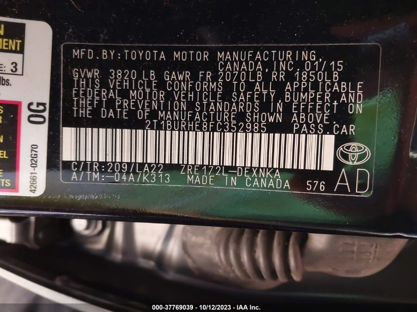 2015 TOYOTA COROLLA L/LE/S/S PLUS/LE PLUS - 2T1BURHE8FC352985