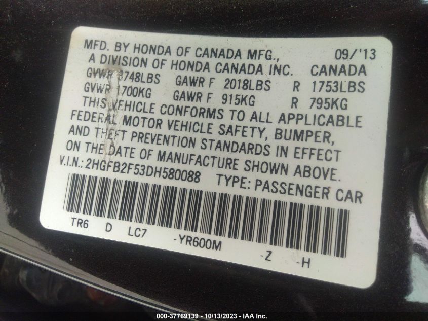 2013 HONDA CIVIC SDN LX 2HGFB2F53DH580088