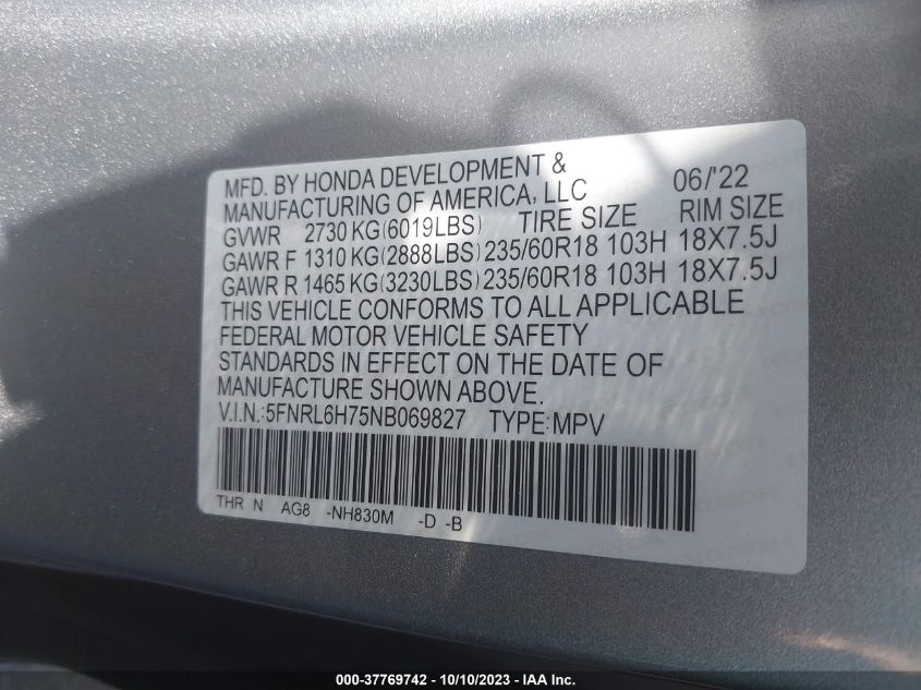 5FNRL6H75NB069827 2022 HONDA ODYSSEY, photo no. 9