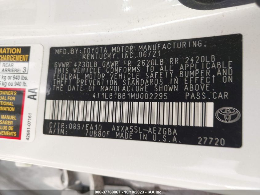 VIN 4T1LB1BB1MU002295 2021 TOYOTA AVALON XLE