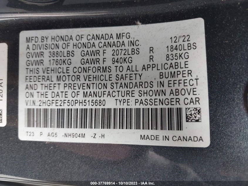 2HGFE2F50PH515680 Honda Civic Sedan SPORT 9