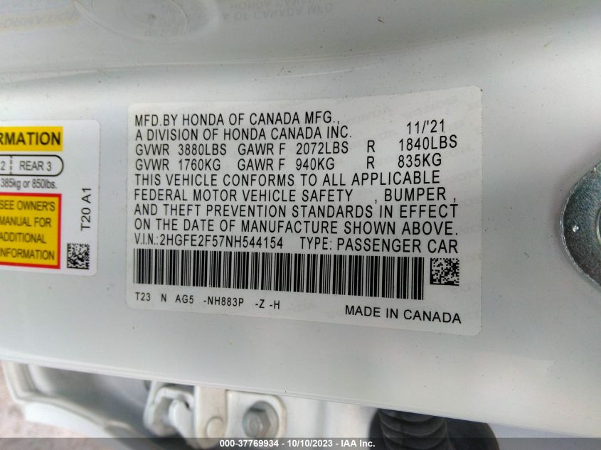 2HGFE2F57NH544154 Honda Civic Sedan SPORT 9