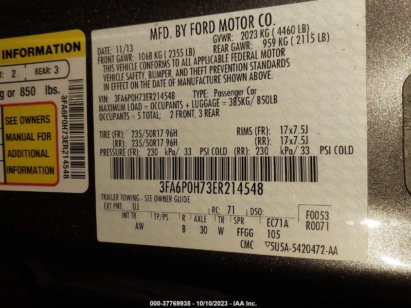 2014 FORD FUSION SE - 3FA6P0H73ER214548