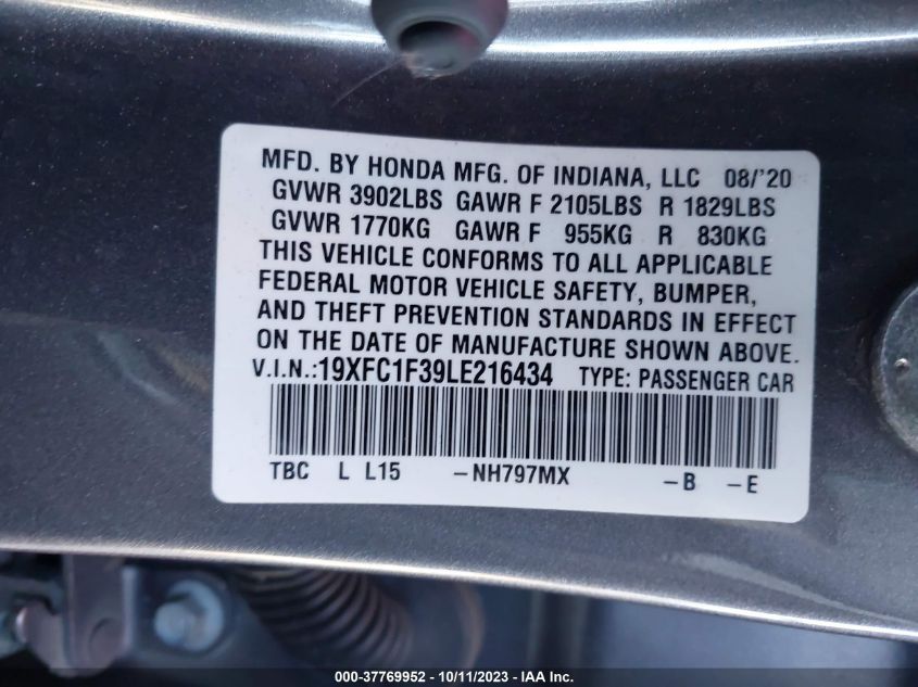 VIN 19XFC1F39LE216434 2020 HONDA CIVIC SEDAN EX