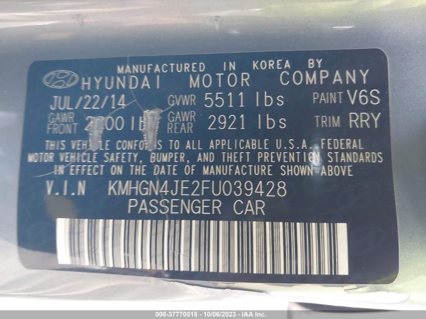 2015 HYUNDAI GENESIS 3.8L - KMHGN4JE2FU039428