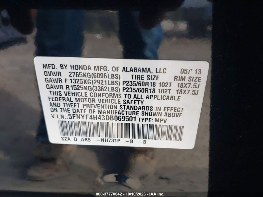 2013 HONDA PILOT EX - 5FNYF4H43DB069501