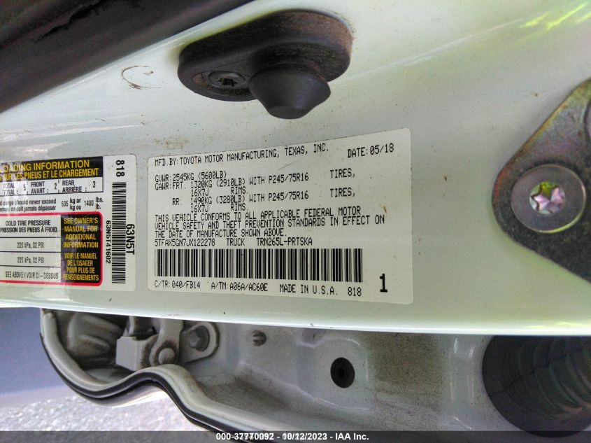 2018 TOYOTA TACOMA SR/SR5 - 5TFAX5GN7JX122278