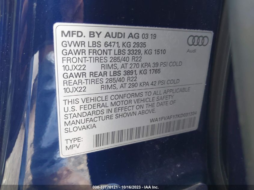 WA1FVAF17KD031334 Audi Q8 PRESTIGE 9