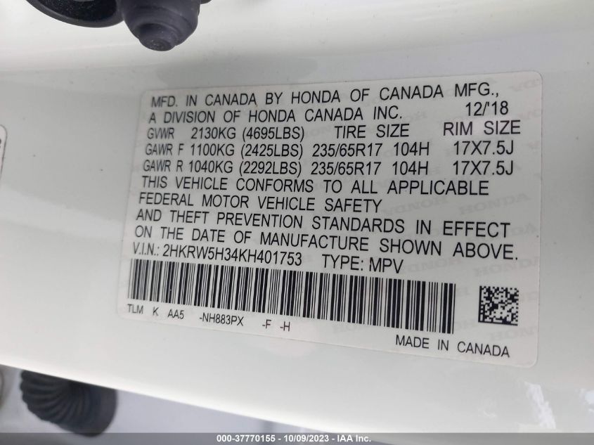 2019 HONDA CR-V LX - 2HKRW5H34KH401753