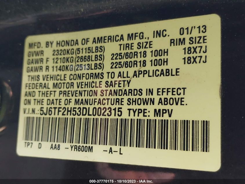 2013 HONDA CROSSTOUR EX-L - 5J6TF2H53DL002315