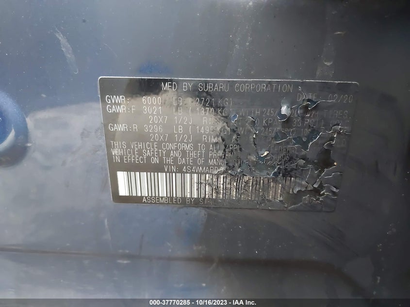 VIN 4S4WMARD0L3461093 2020 SUBARU ASCENT TOURING