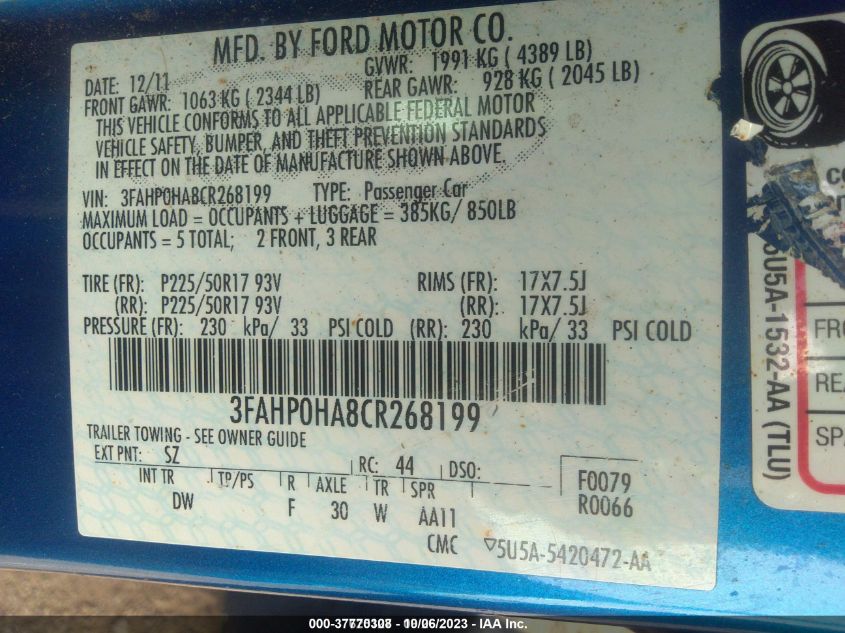 3FAHP0HA8CR268199 | 2012 FORD FUSION