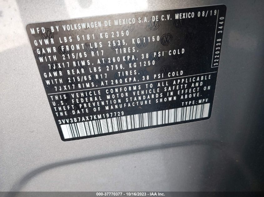 2019 VOLKSWAGEN TIGUAN SE/SEL/SEL R-LINE - 3VV3B7AX7KM197729