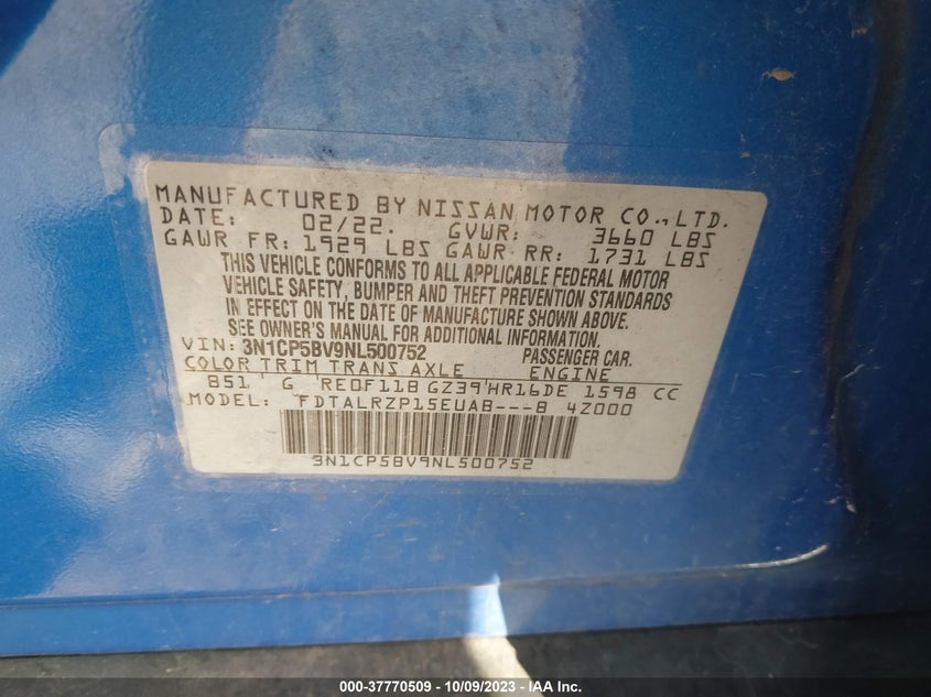 VIN 3N1CP5BV9NL500752 2022 NISSAN KICKS S