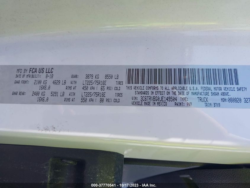 2018 RAM PROMASTER CARGO VAN - 3C6TRVBG0JE149504