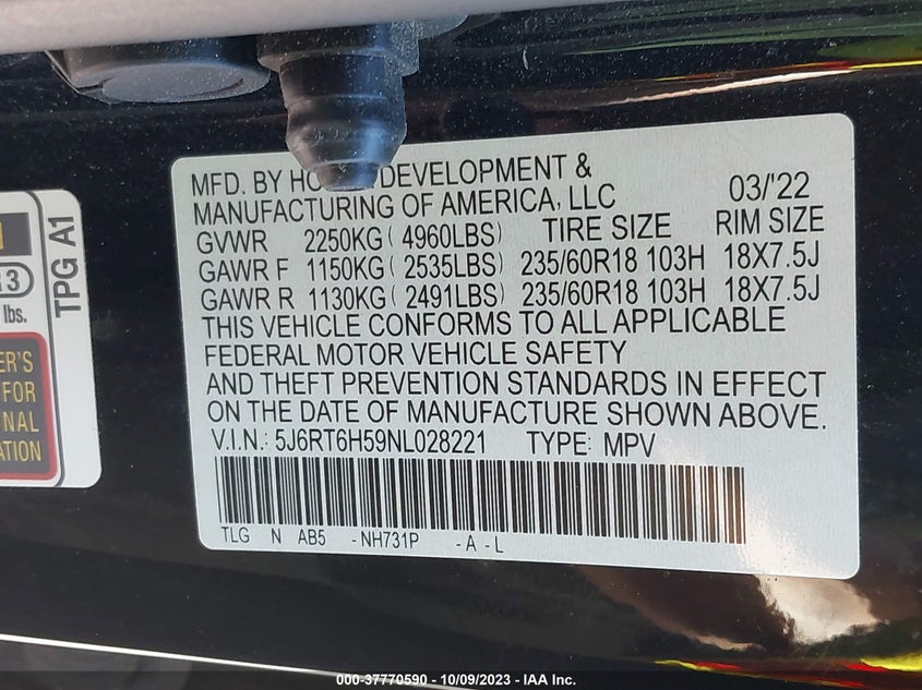 VIN 5J6RT6H59NL028221 2022 HONDA CR-V HYBRID EX