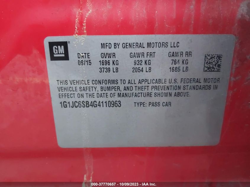 2016 CHEVROLET SONIC LT - 1G1JC6SB4G4110963