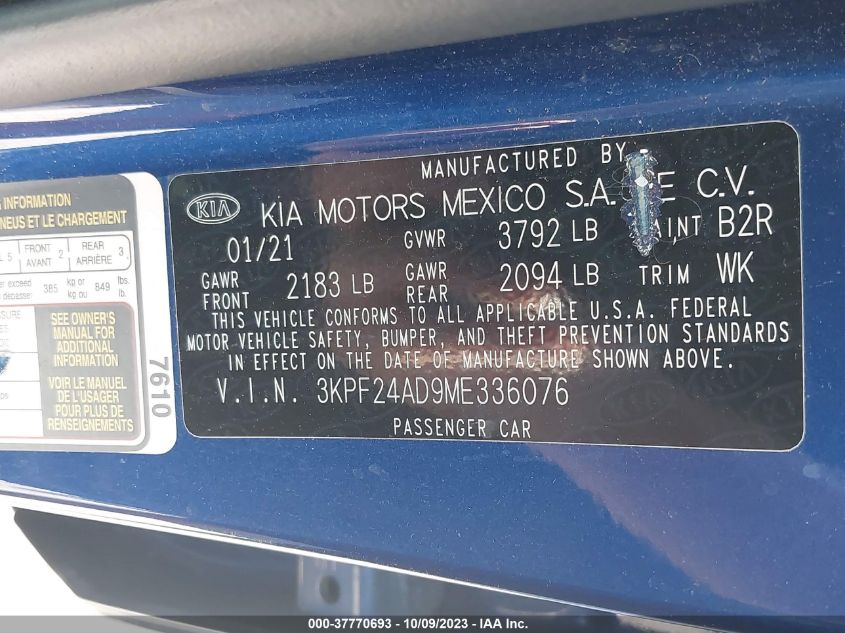 2021 KIA FORTE LXS - 3KPF24AD9ME336076