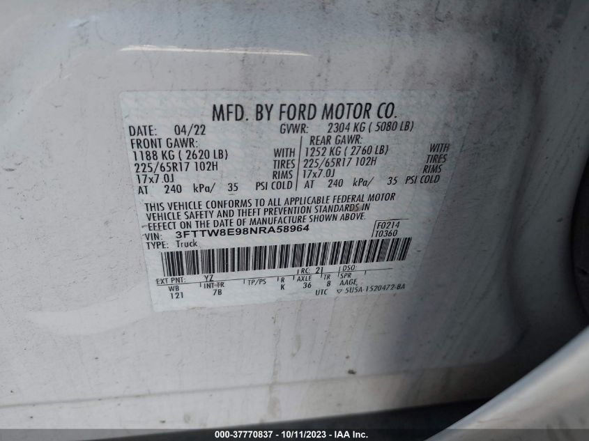 2022 FORD MAVERICK XL/XLT/LARIAT - 3FTTW8E98NRA58964
