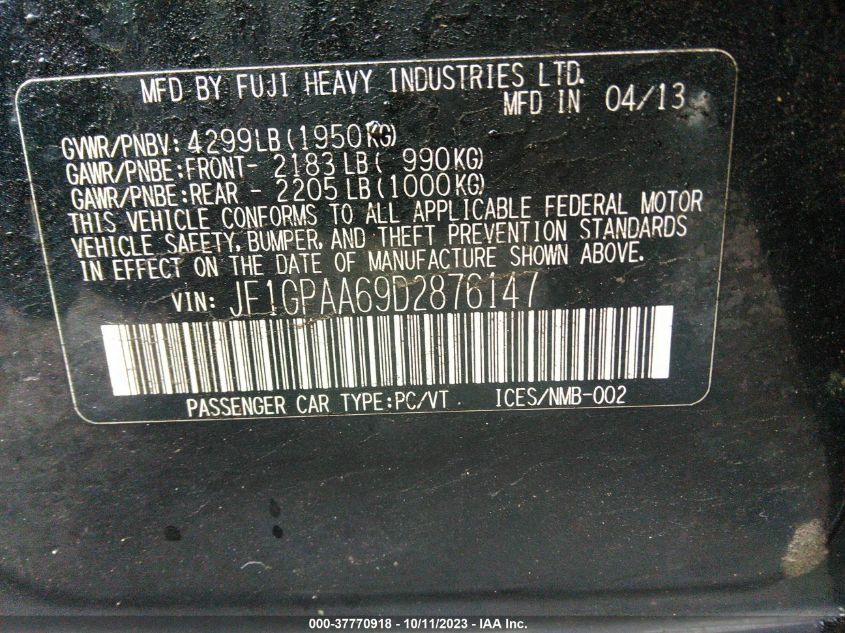 2013 SUBARU IMPREZA 2.0I - JF1GPAA69D2876147