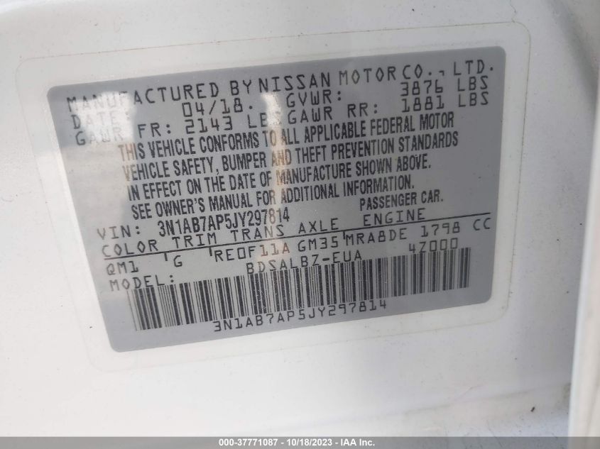 2018 NISSAN SENTRA S/SV/SR/SL - 3N1AB7AP5JY297814