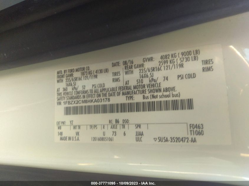 2017 FORD TRANSIT WAGON XL/XLT - 1FBZX2CM8HKA03178