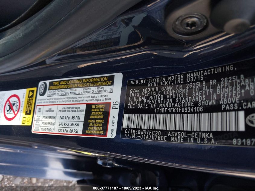 2015 TOYOTA CAMRY LE/XLE/SE/XSE - 4T1BF1FK1FU934106