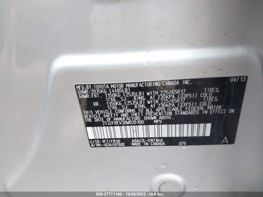 2013 TOYOTA RAV4 LE - 2T3ZFREV3DW020100