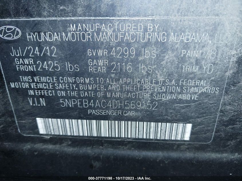 2013 HYUNDAI SONATA GLS PZEV - 5NPEB4AC4DH569152