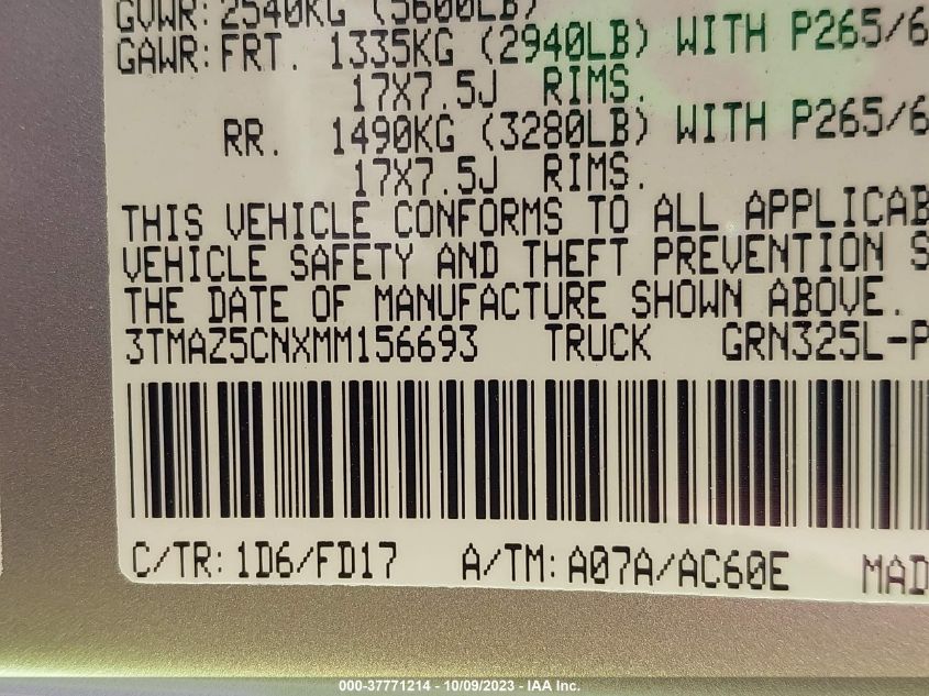 2021 TOYOTA TACOMA 2WD SR5/TRD SPORT - 3TMAZ5CNXMM156693