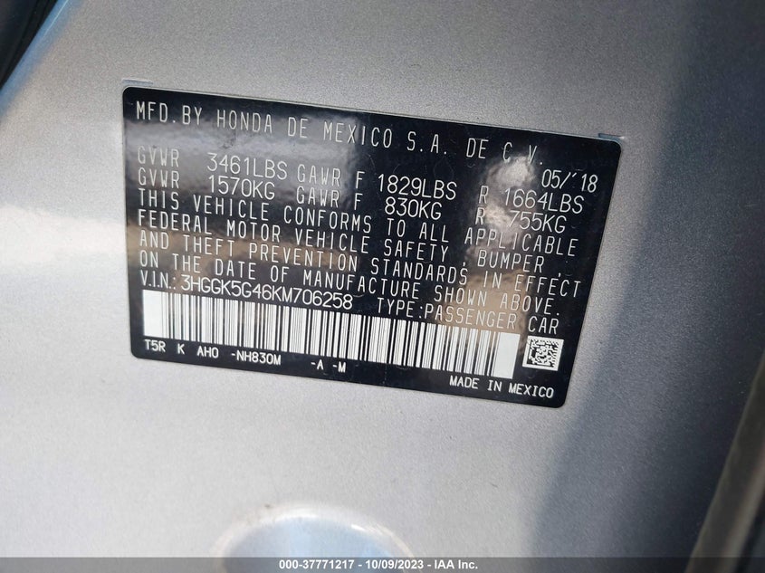VIN 3HGGK5G46KM706258 2019 HONDA FIT LX
