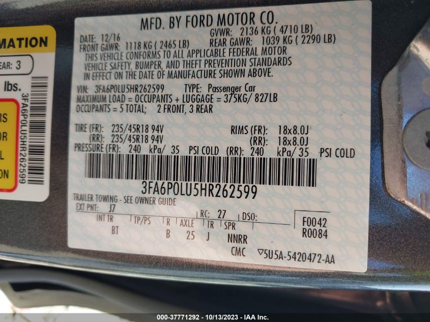 2017 FORD FUSION HYBRID SE - 3FA6P0LU5HR262599