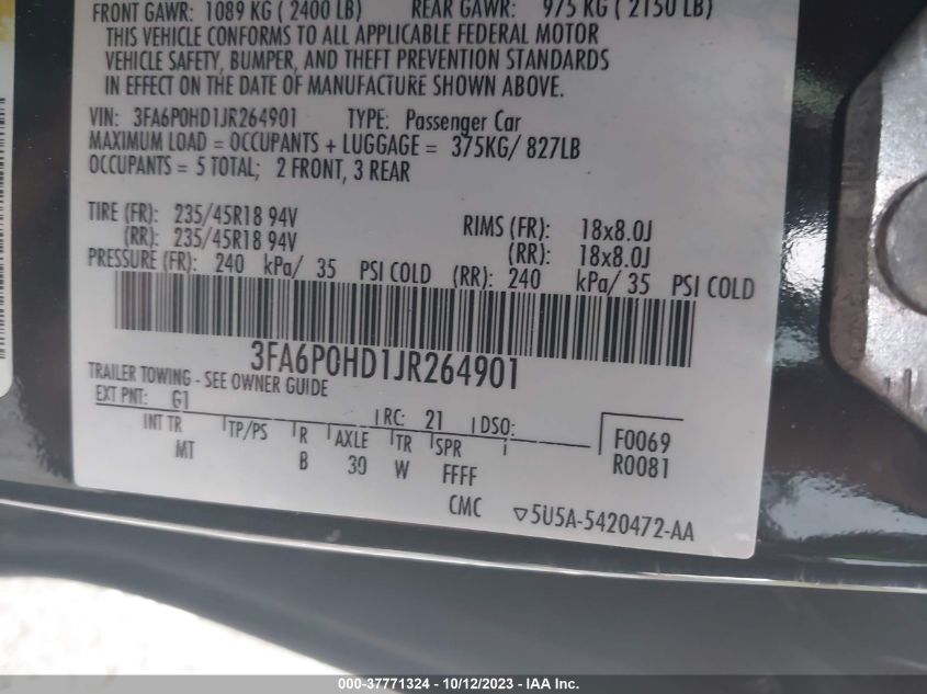2018 FORD FUSION SE - 3FA6T0HD1JR264901