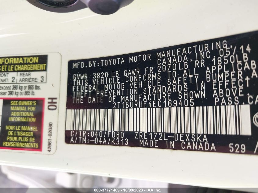 2014 TOYOTA COROLLA L/LE/S/S PLUS/LE PLUS - 2T1BURHE4EC169405