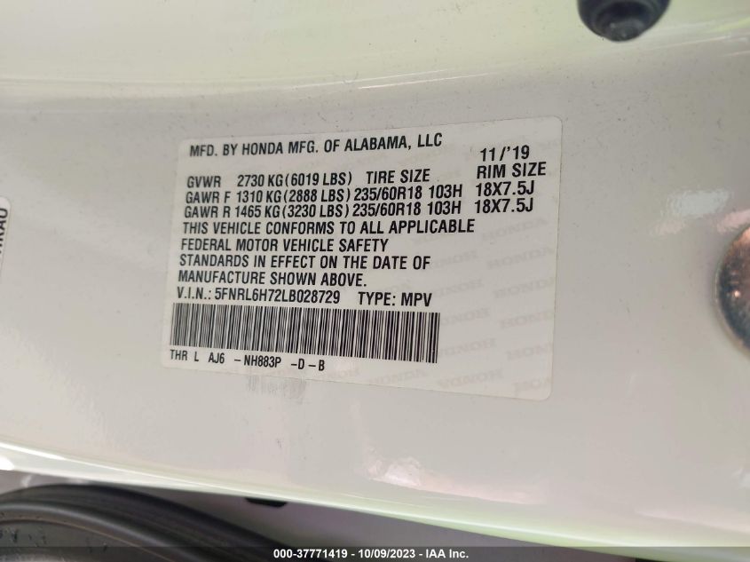 5FNRL6H72LB028729 2020 HONDA ODYSSEY, photo no. 9