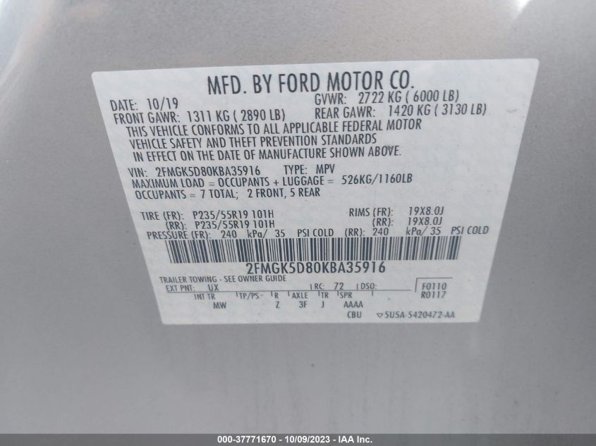 2FMGK5D80KBA35916 Ford Flex LIMITED 9