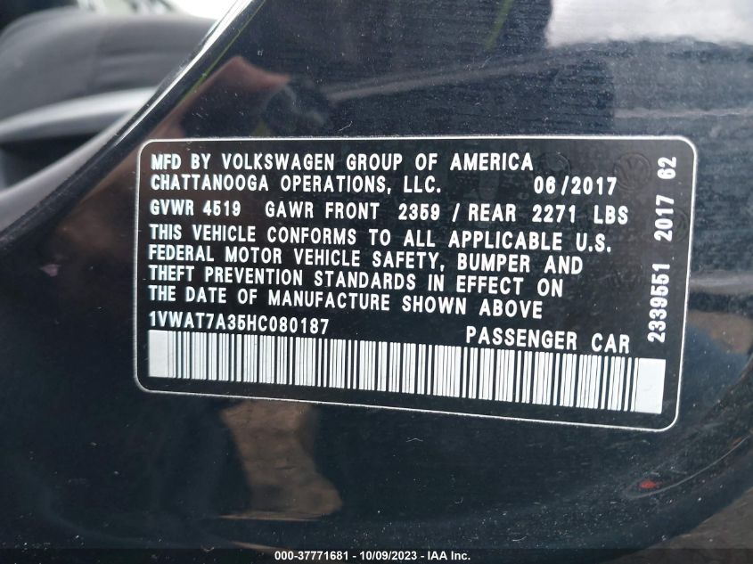 2017 VOLKSWAGEN PASSAT 1.8T S - 1VWAT7A35HC080187