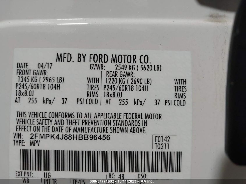 2FMPK4J88HBB96456 2017 FORD EDGE, photo no. 9