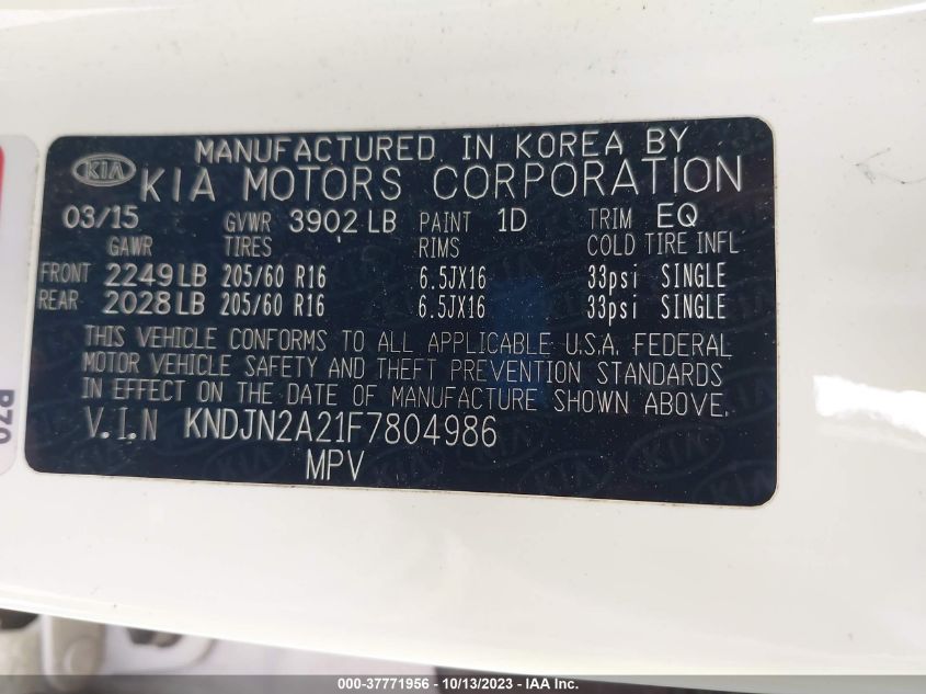 2015 KIA SOUL BASE - KNDJN2A21F7804986